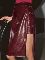 Metal Detail Side Slit Faux Leather Midi Skirt