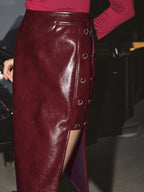 Metal Detail Side Slit Faux Leather Midi Skirt