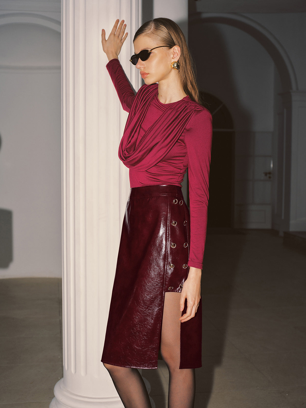 Metal Detail Side Slit Faux Leather Midi Skirt