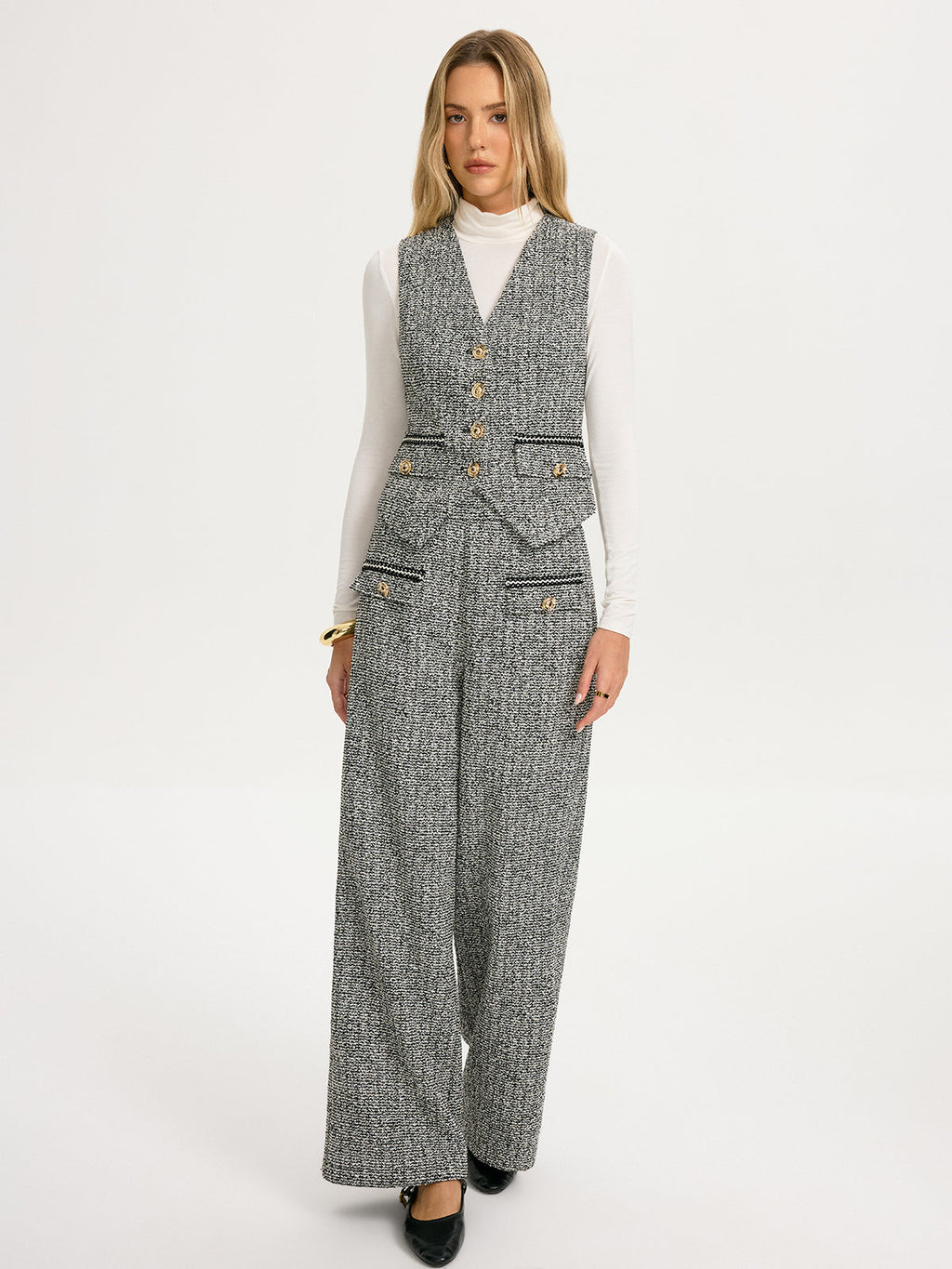Metal Button Tweed Vest