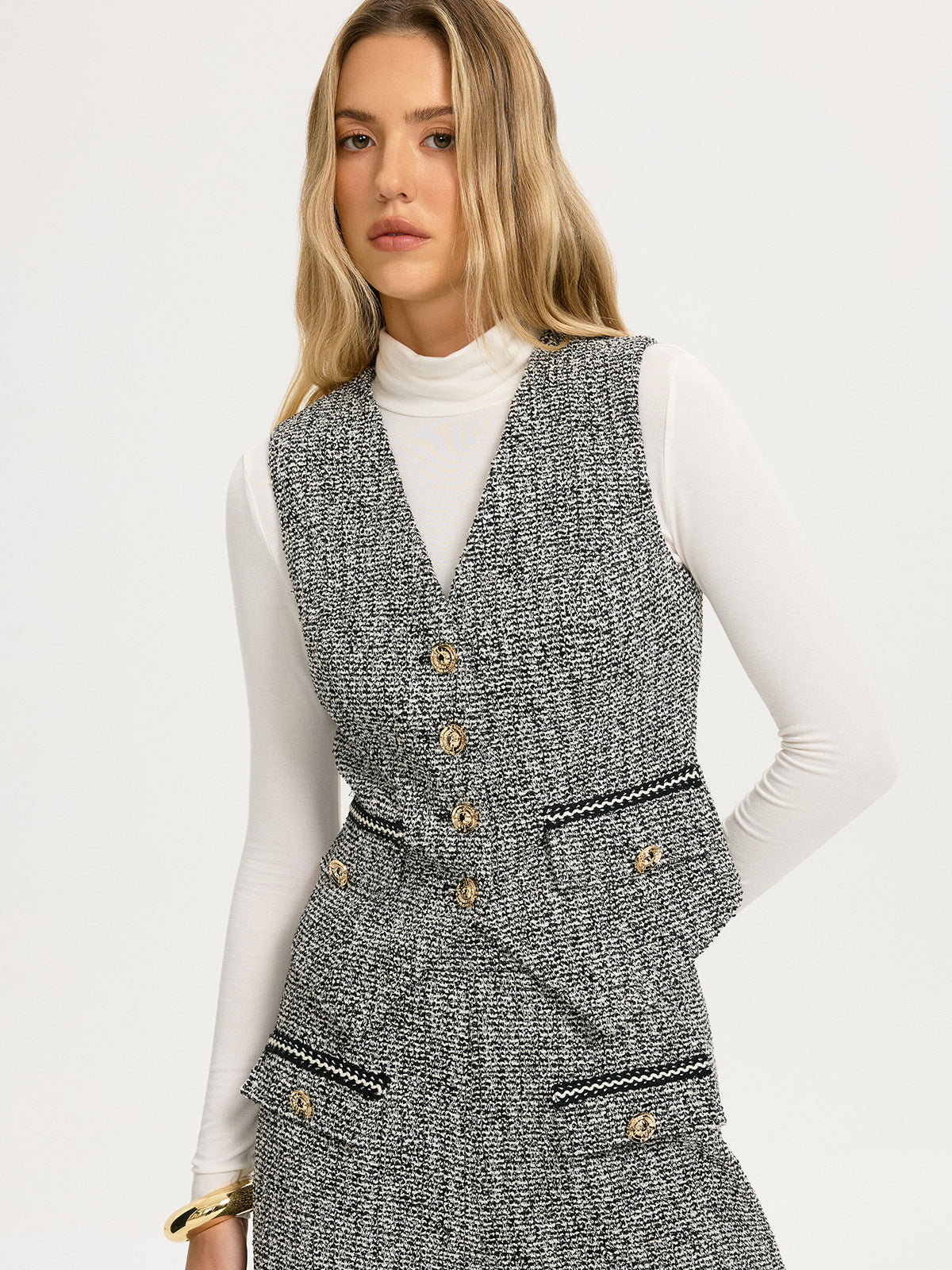 Metal Button Tweed Vest