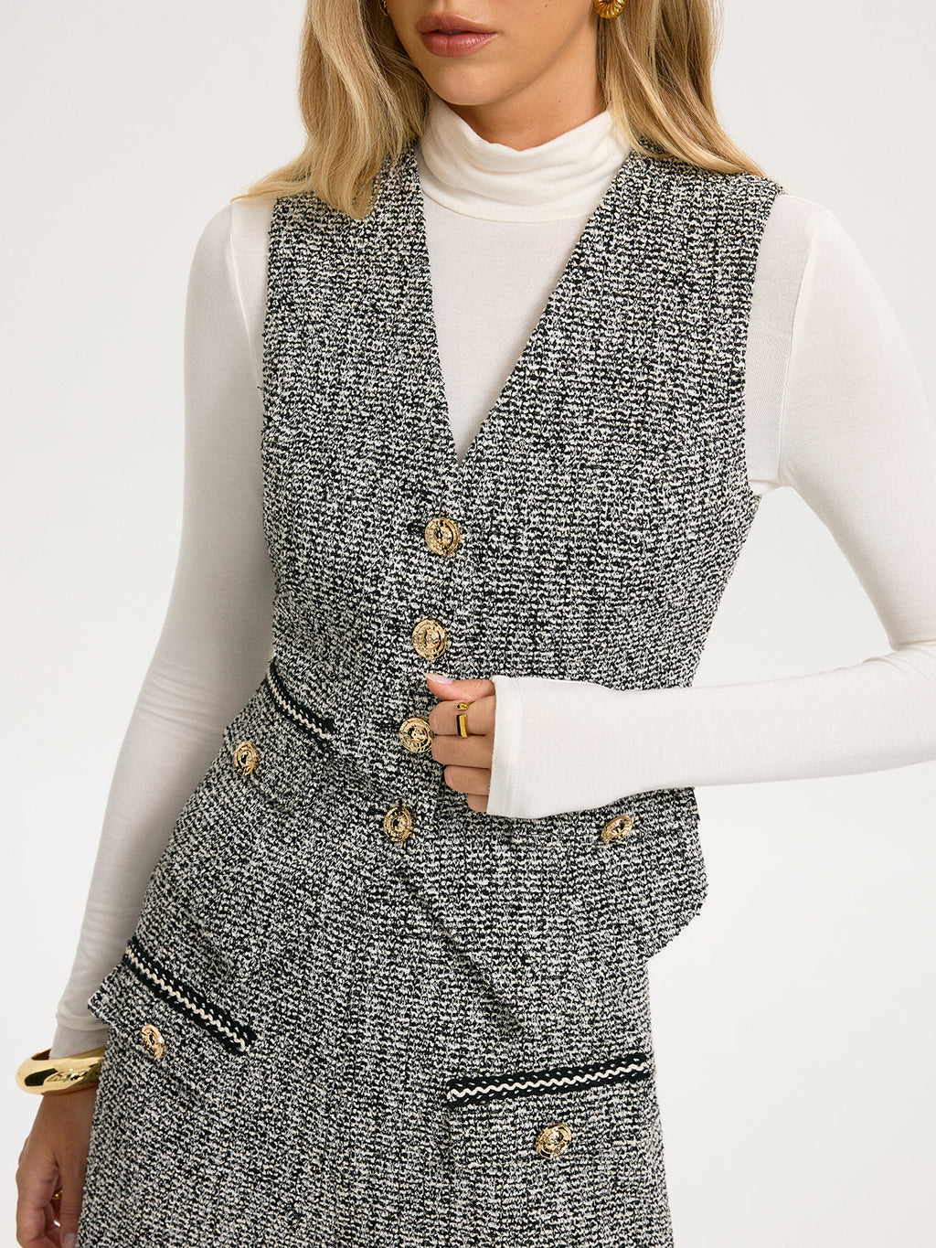 Metal Button Tweed Vest