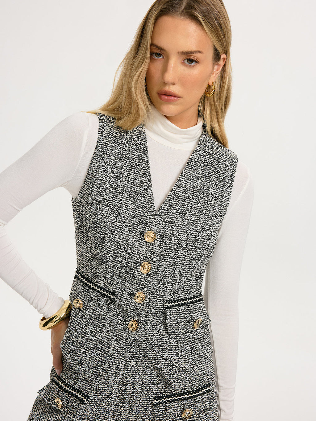 Metal Button Tweed Vest