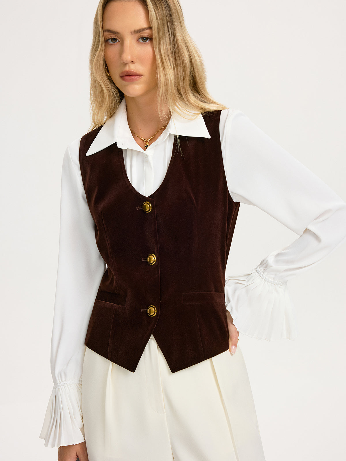 Metal Button Velvet Sleeveless Vest