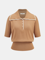 Contrast Scalloped Trim Knit Polo Top