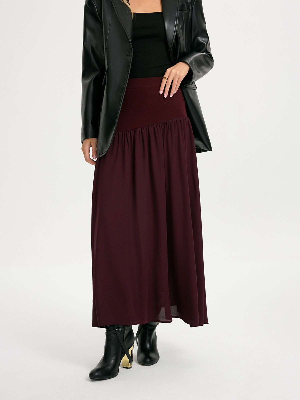 Knit & Chiffon Paneled Flowy Maxi Skirt