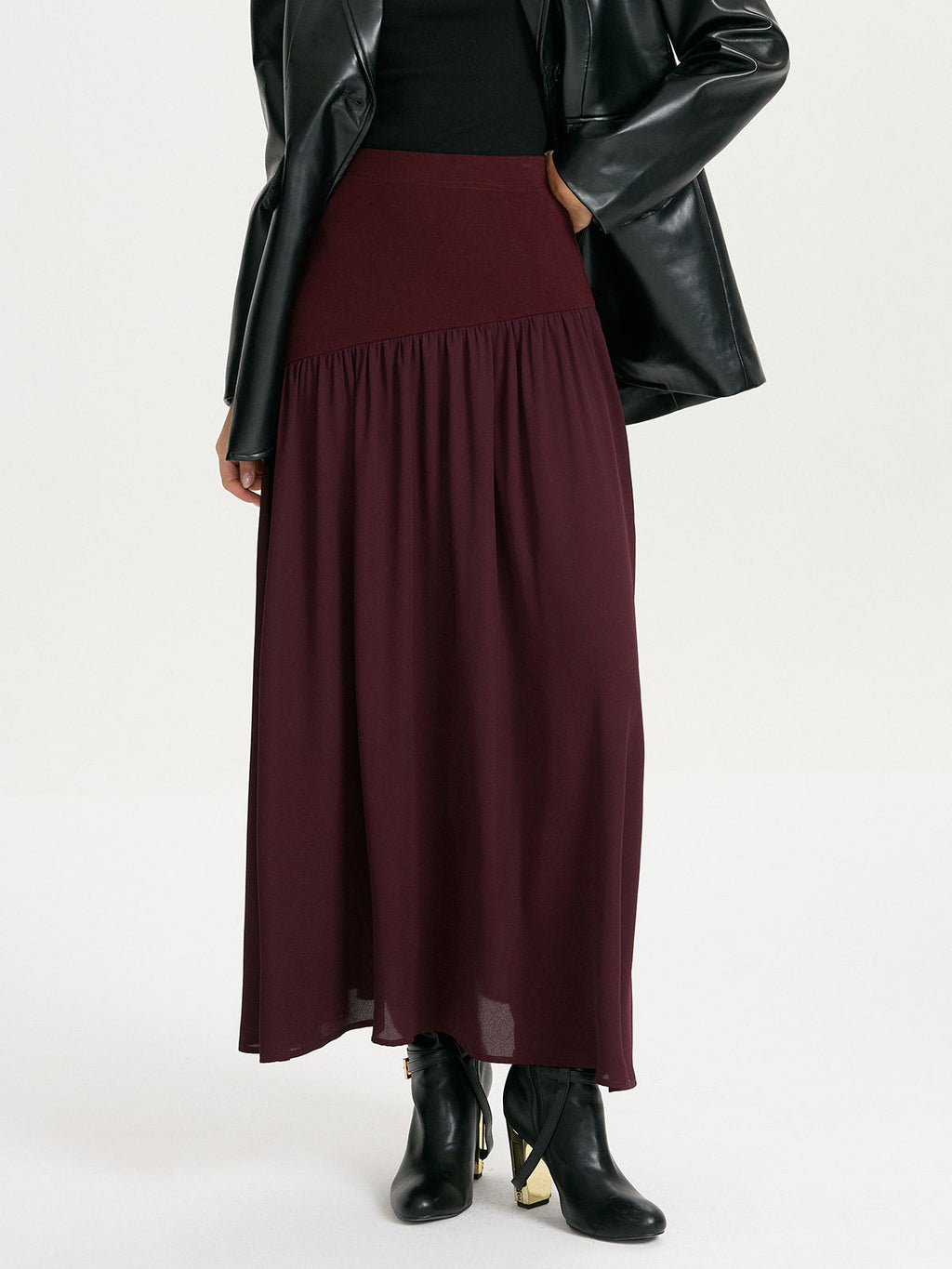 Knit & Chiffon Paneled Flowy Maxi Skirt