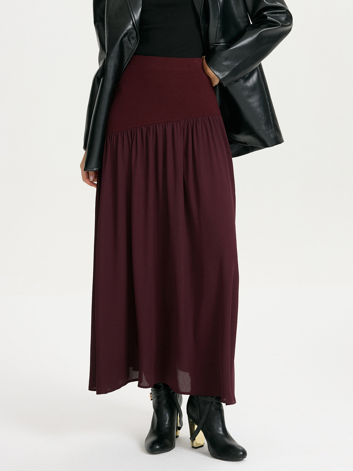 Knit & Chiffon Paneled Flowy Maxi Skirt
