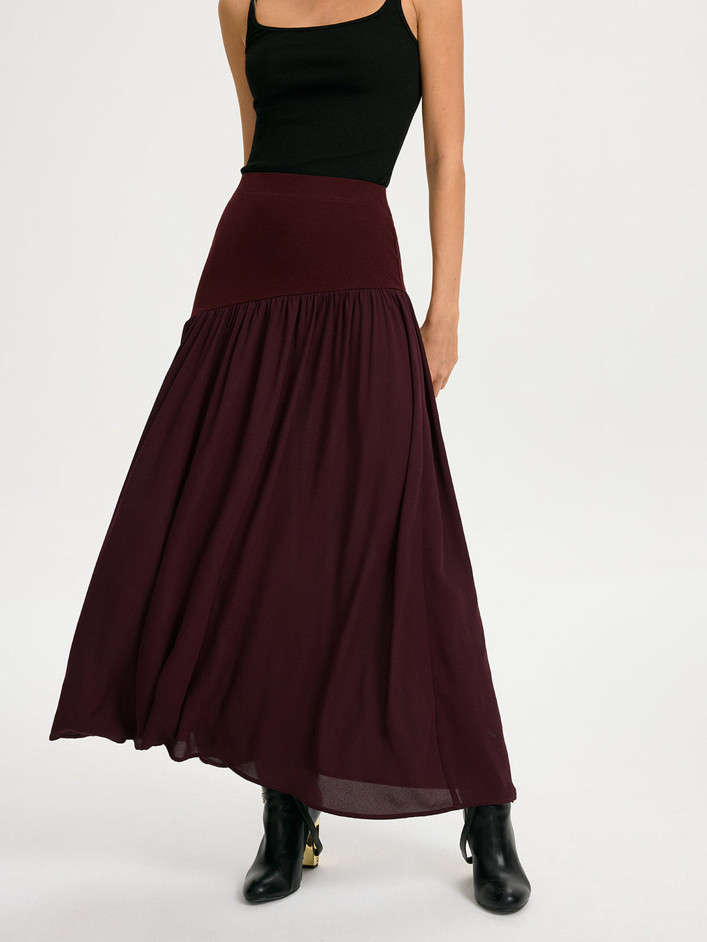 Knit & Chiffon Paneled Flowy Maxi Skirt