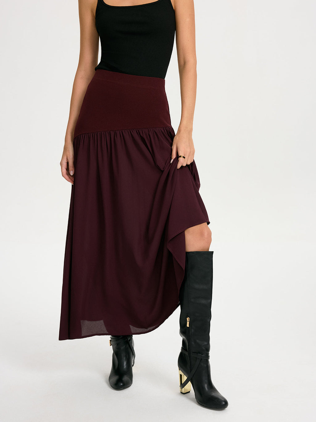 Knit & Chiffon Paneled Flowy Maxi Skirt