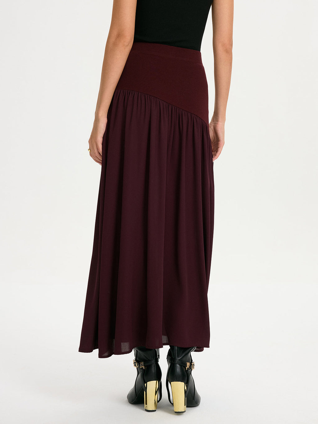 Knit & Chiffon Paneled Flowy Maxi Skirt