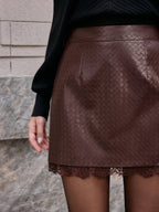 Faux Leather Woven Lace Trim Mini Skirt