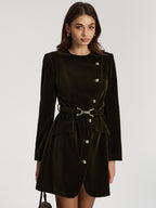 Belted Asymmetric Button Velvet Long Blazer