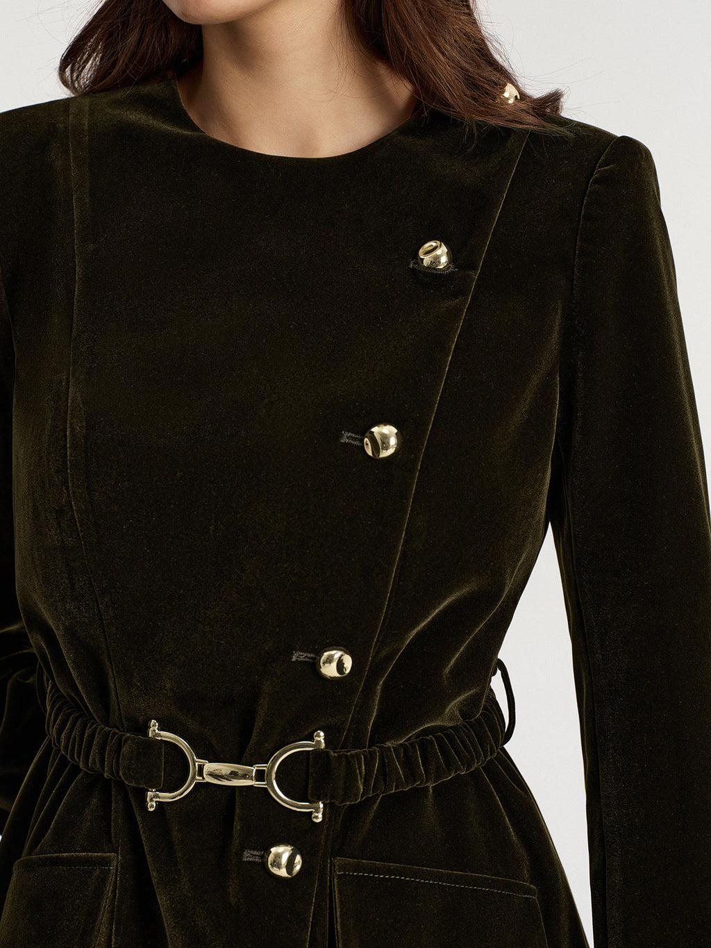 Belted Asymmetric Button Velvet Long Blazer