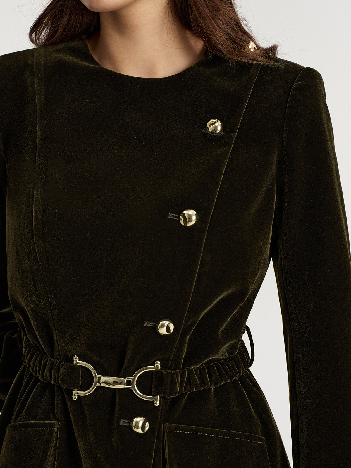 Belted Asymmetric Button Velvet Long Blazer