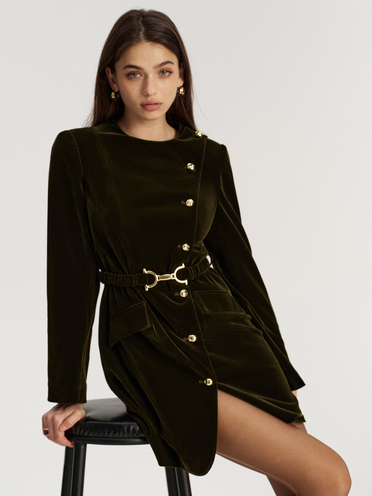 Belted Asymmetric Button Velvet Long Blazer