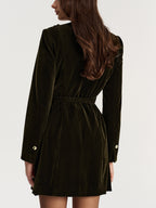 Belted Asymmetric Button Velvet Long Blazer