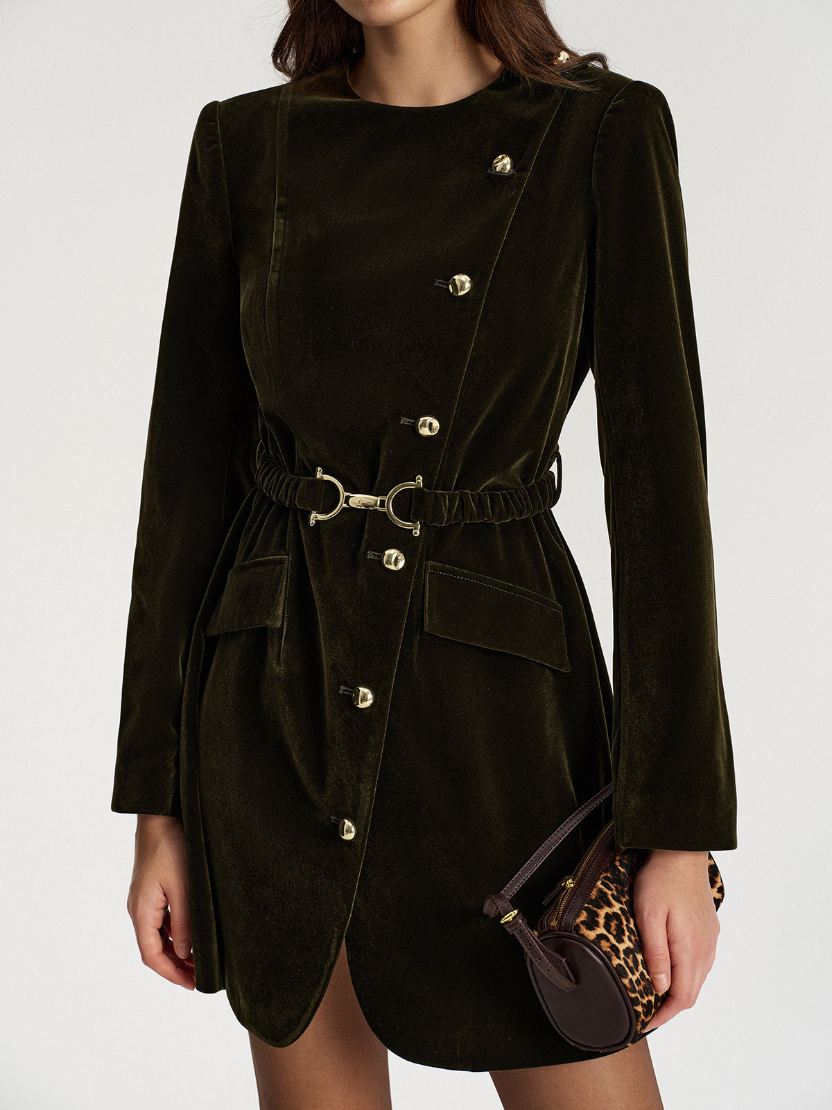Belted Asymmetric Button Velvet Long Blazer