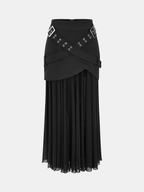 Belted Overlay Chiffon Pleated Asymmetrical Maxi Skirt