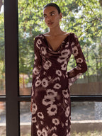 Floral Print Mesh Cowl Neck Maxi Dress