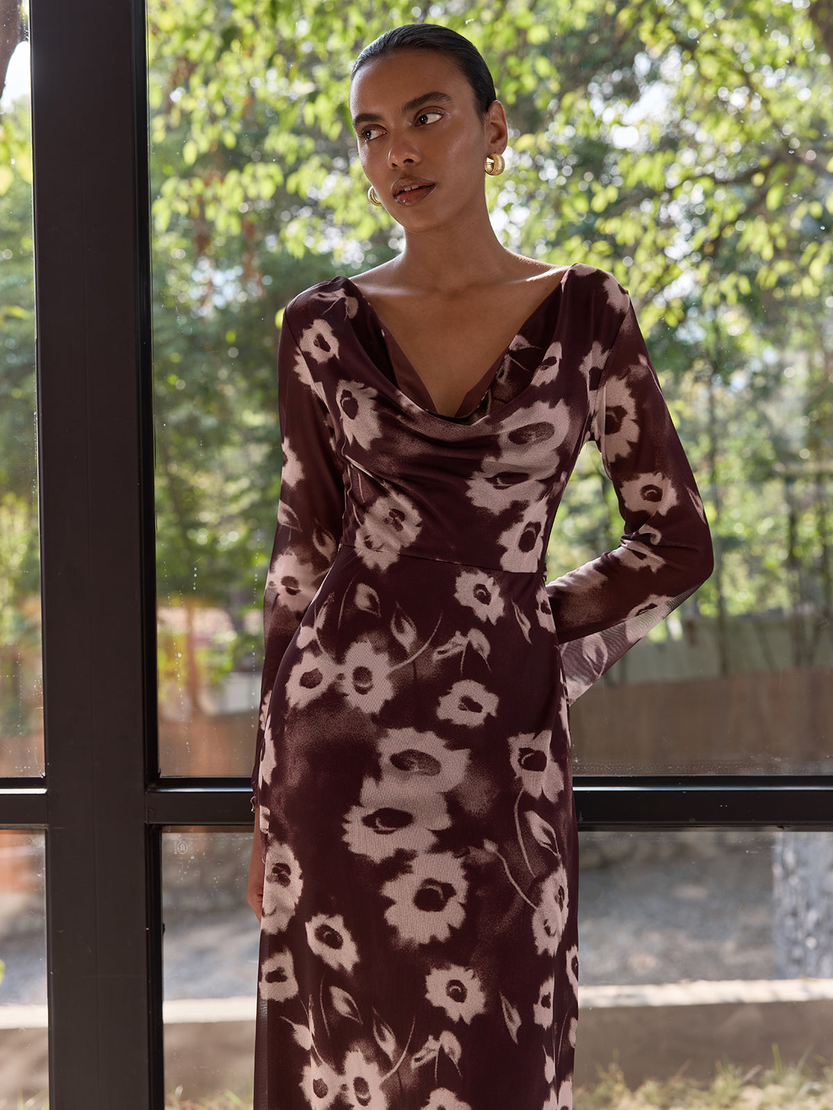 Floral Print Mesh Cowl Neck Maxi Dress