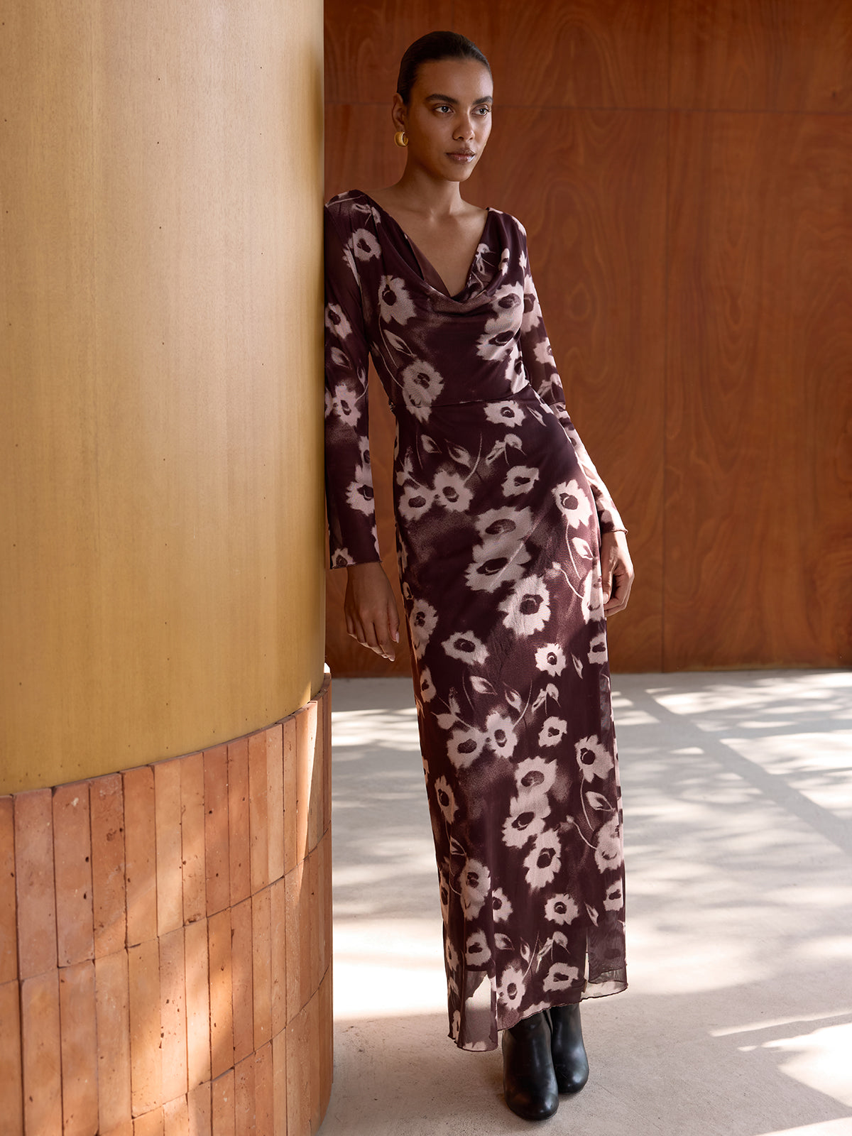 Floral Print Mesh Cowl Neck Maxi Dress