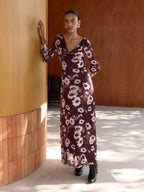 Floral Print Mesh Cowl Neck Maxi Dress