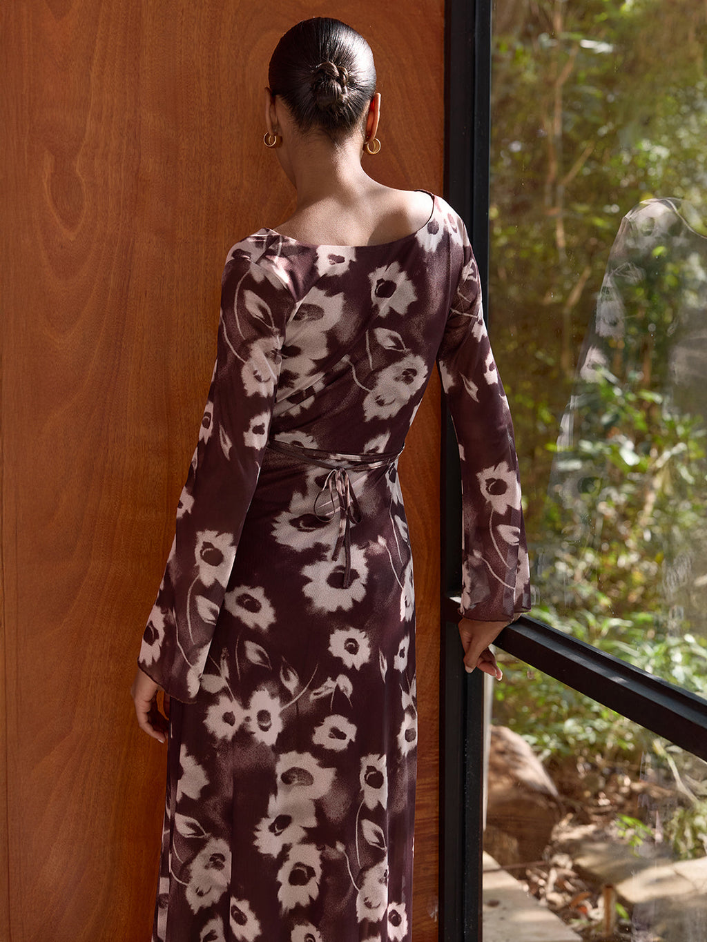 Floral Print Mesh Cowl Neck Maxi Dress