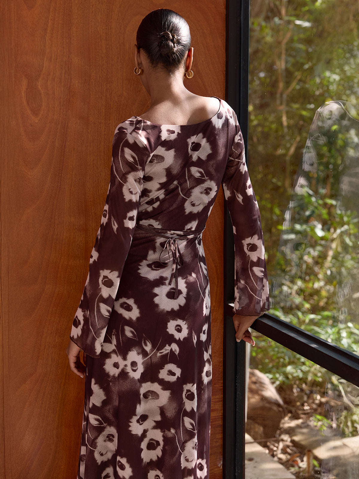 Floral Print Mesh Cowl Neck Maxi Dress