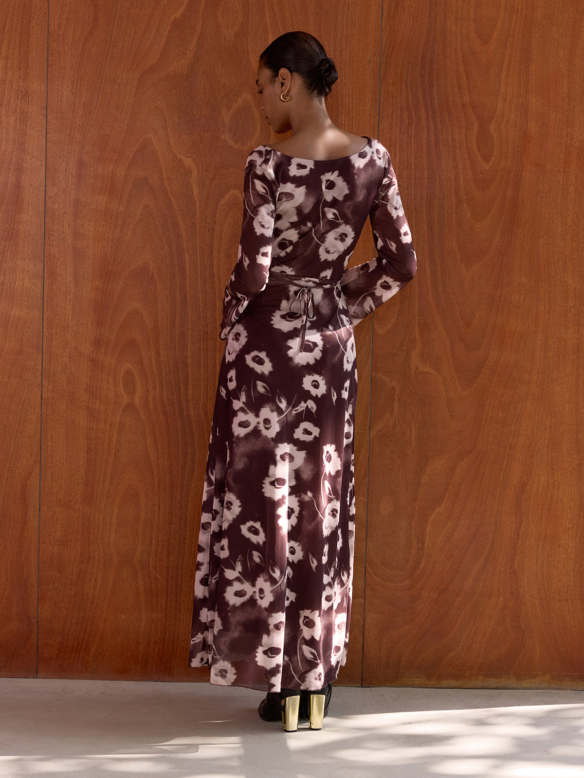 Floral Print Mesh Cowl Neck Maxi Dress