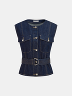 Denim Belted Sleeveless Vest