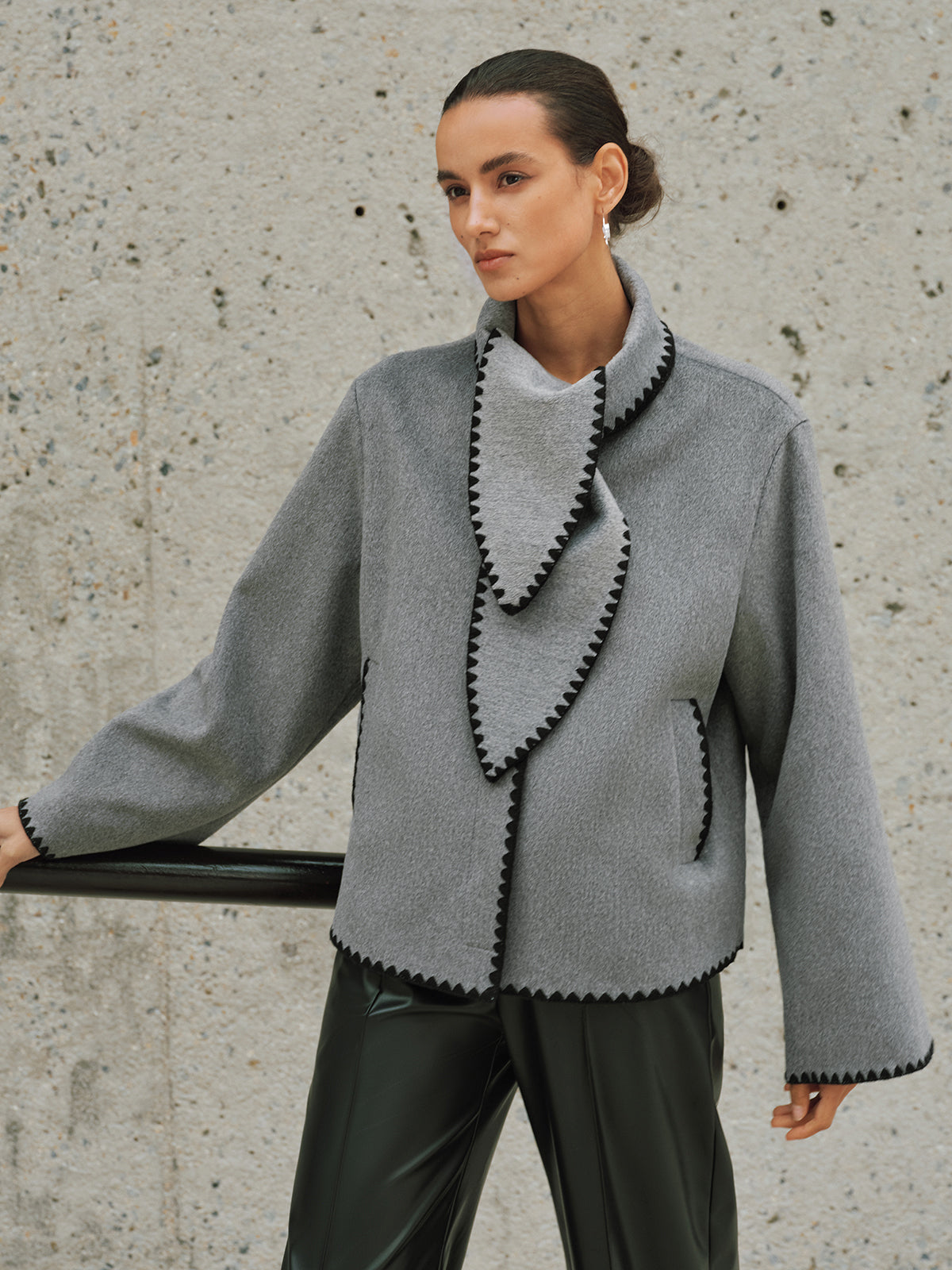 Tweed Contrast-Trim Knot-Collar Coat