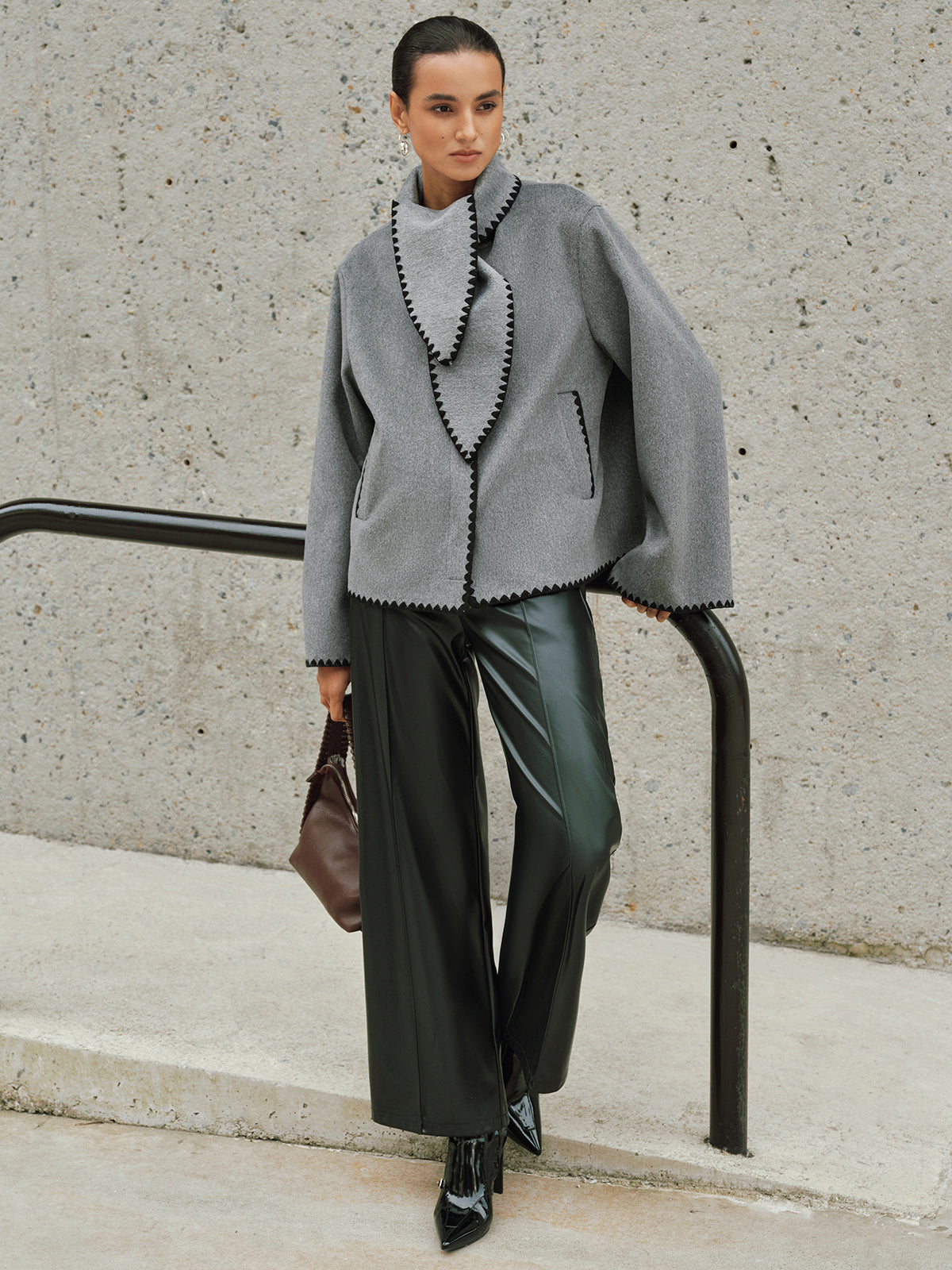 Tweed Contrast-Trim Knot-Collar Coat