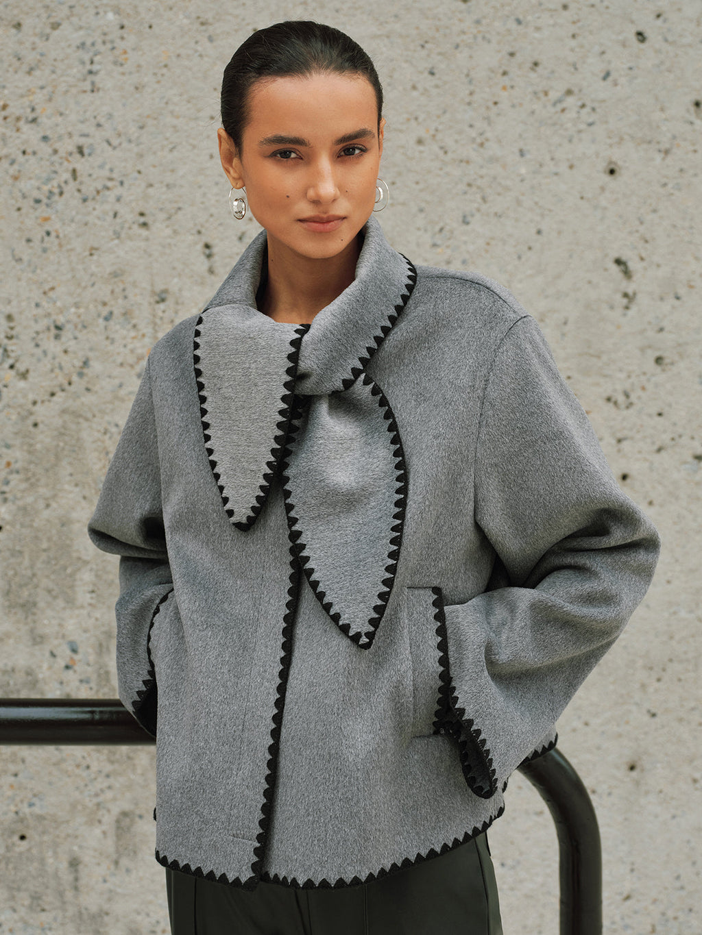 Tweed Contrast-Trim Knot-Collar Coat