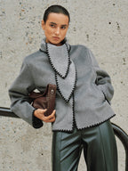 Tweed Contrast-Trim Knot-Collar Coat