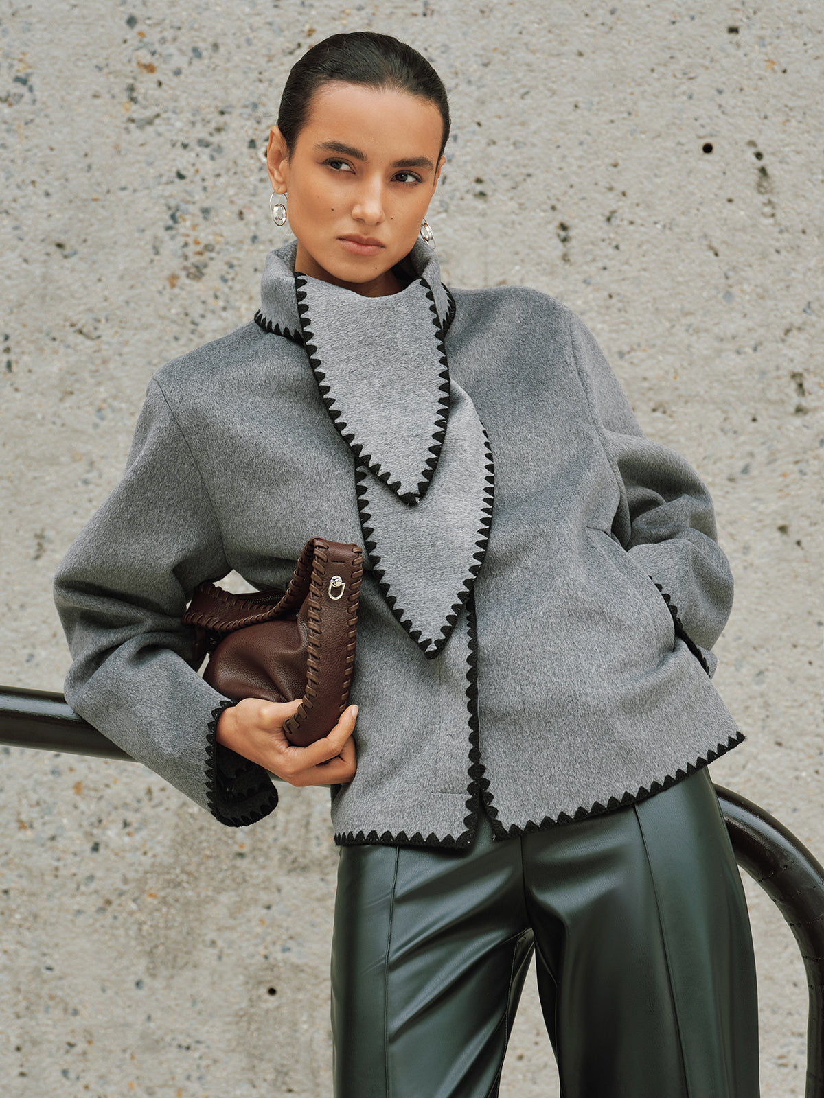 Tweed Contrast-Trim Knot-Collar Coat