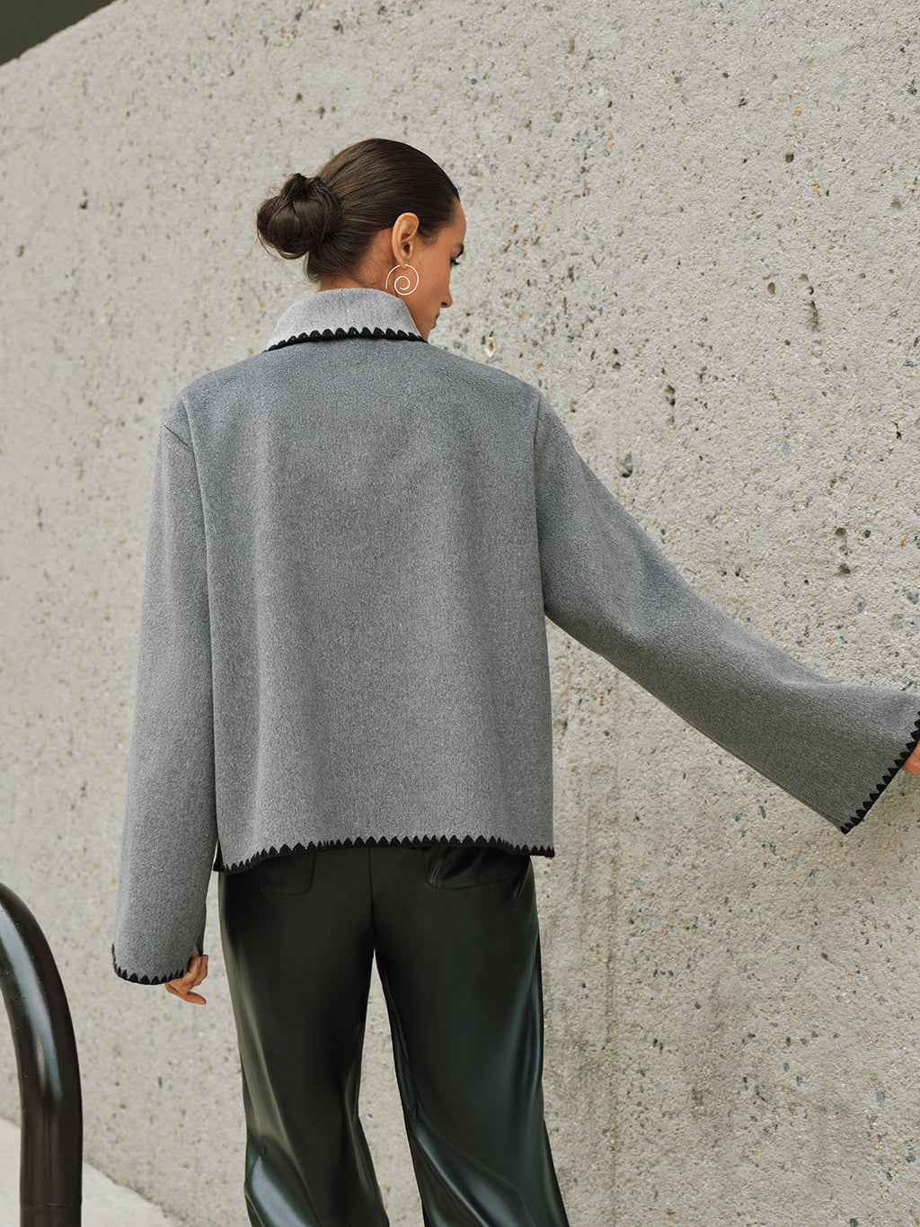 Tweed Contrast-Trim Knot-Collar Coat