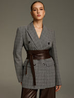 Plaid Double-Breasted Blazer with Waist Belt