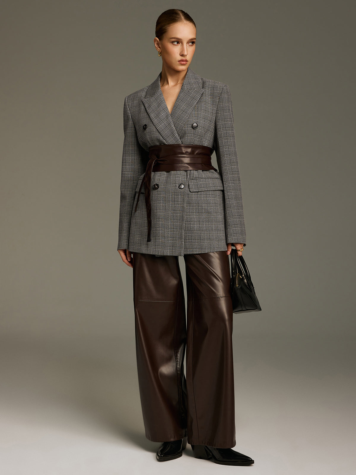 Plaid Double-Breasted Blazer with Waist Belt