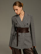 Plaid Double-Breasted Blazer with Waist Belt