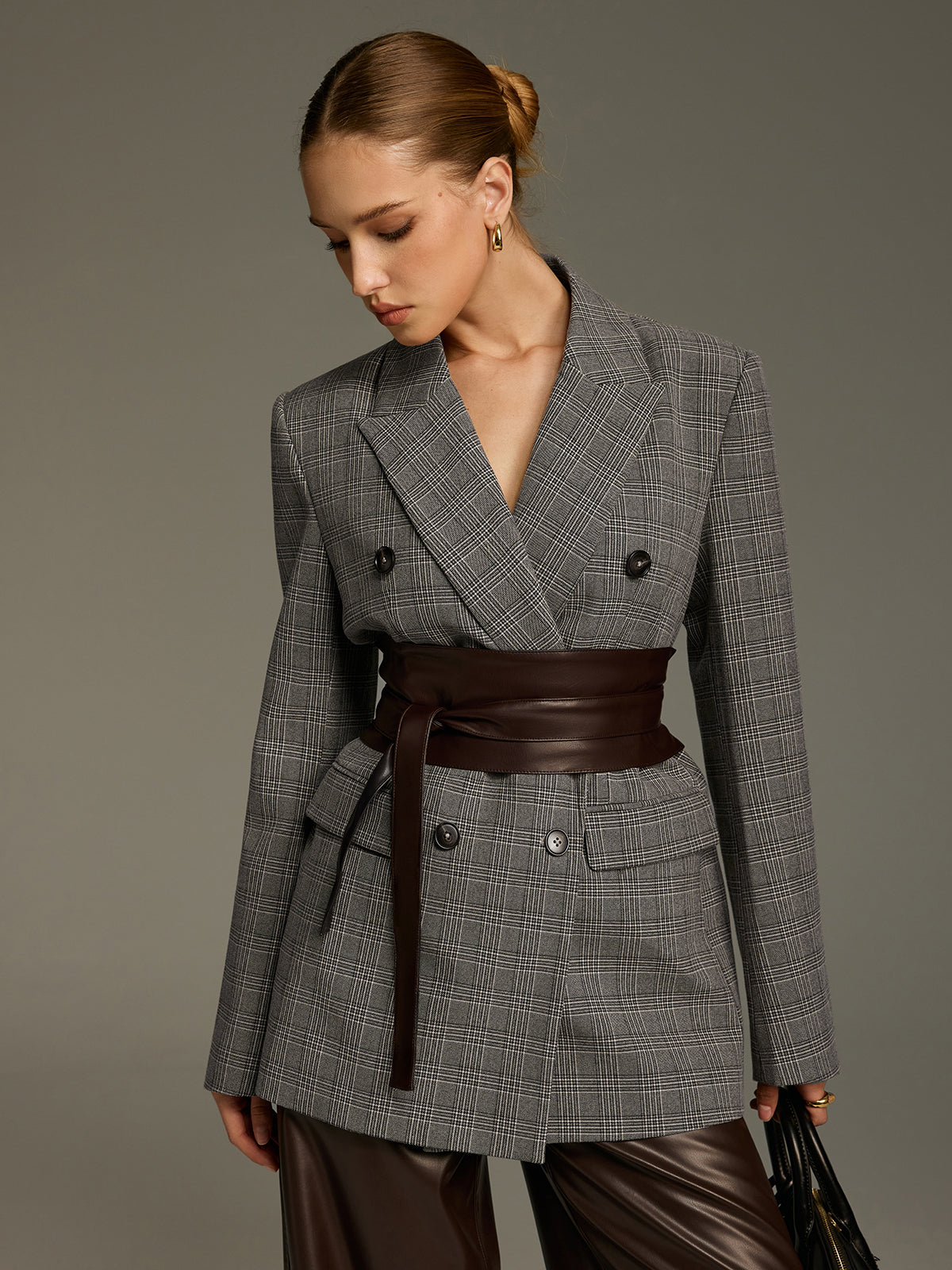 Plaid Double-Breasted Blazer with Waist Belt