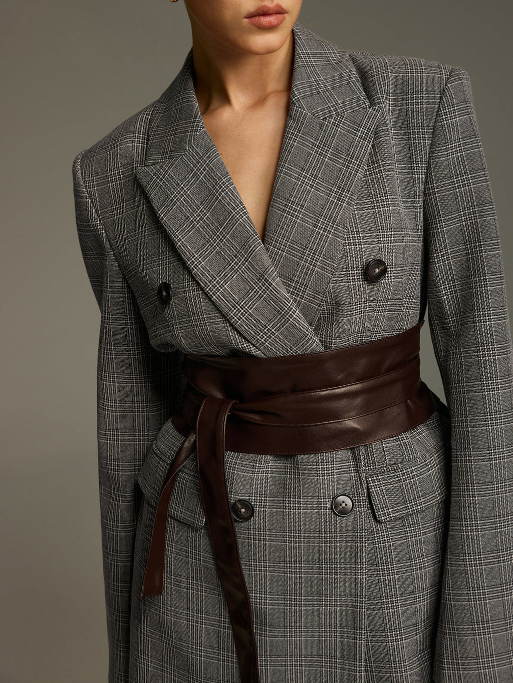 Plaid Double-Breasted Blazer with Waist Belt