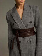 Plaid Double-Breasted Blazer with Waist Belt