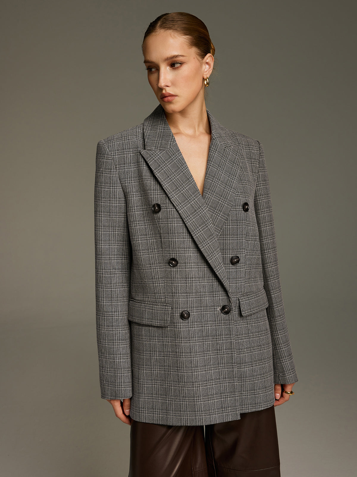 Plaid Double-Breasted Blazer with Waist Belt