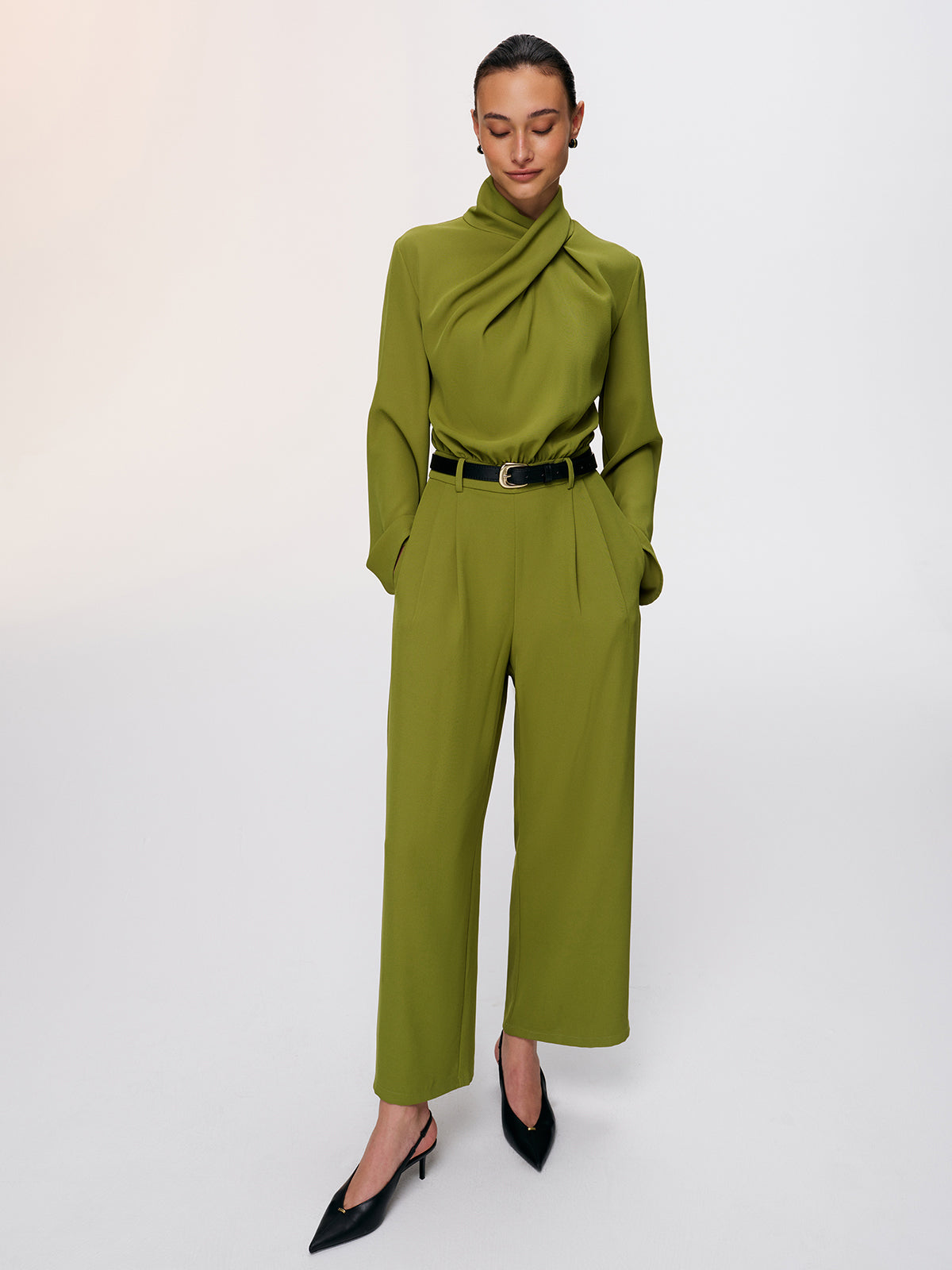 Belted Twist-Neck Wide-Leg Jumpsuit
