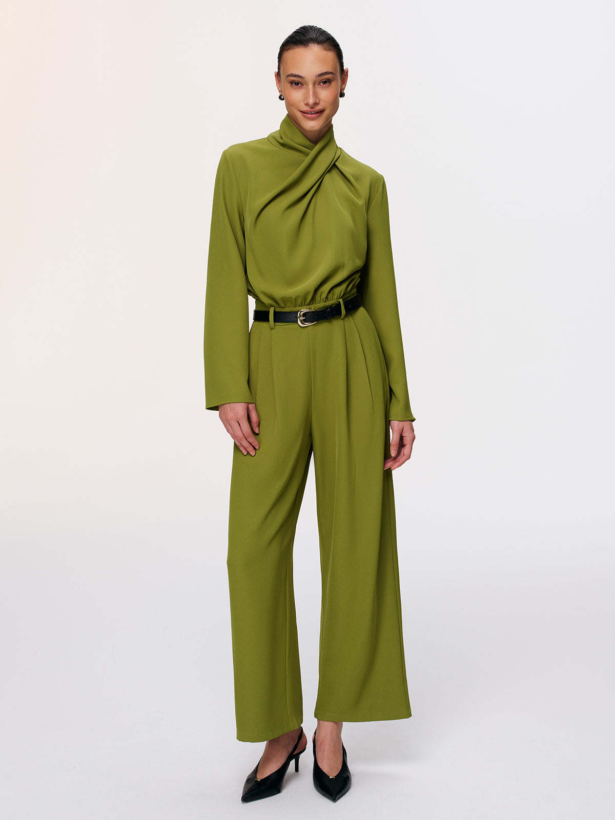 Belted Twist-Neck Wide-Leg Jumpsuit