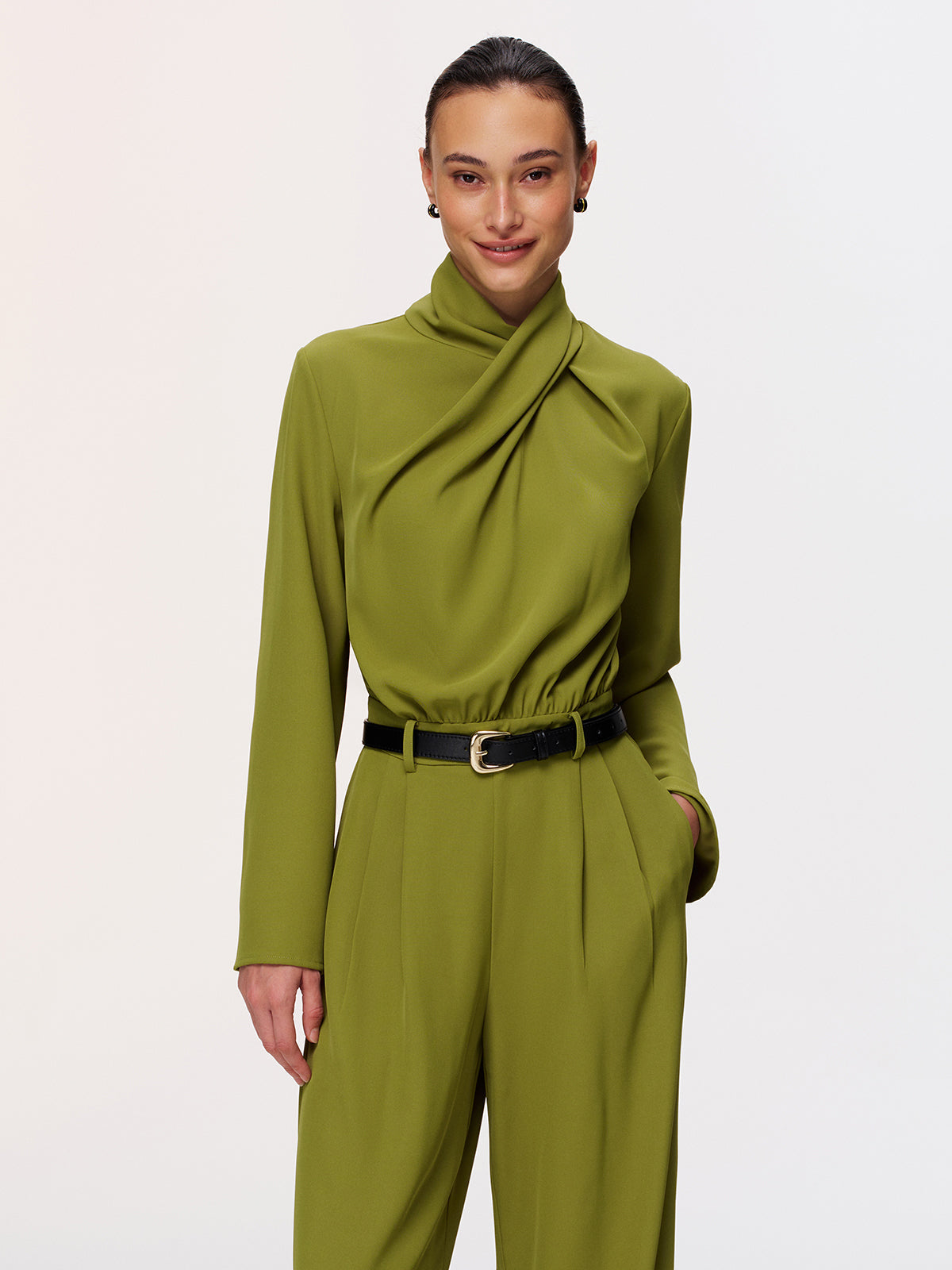 Belted Twist-Neck Wide-Leg Jumpsuit