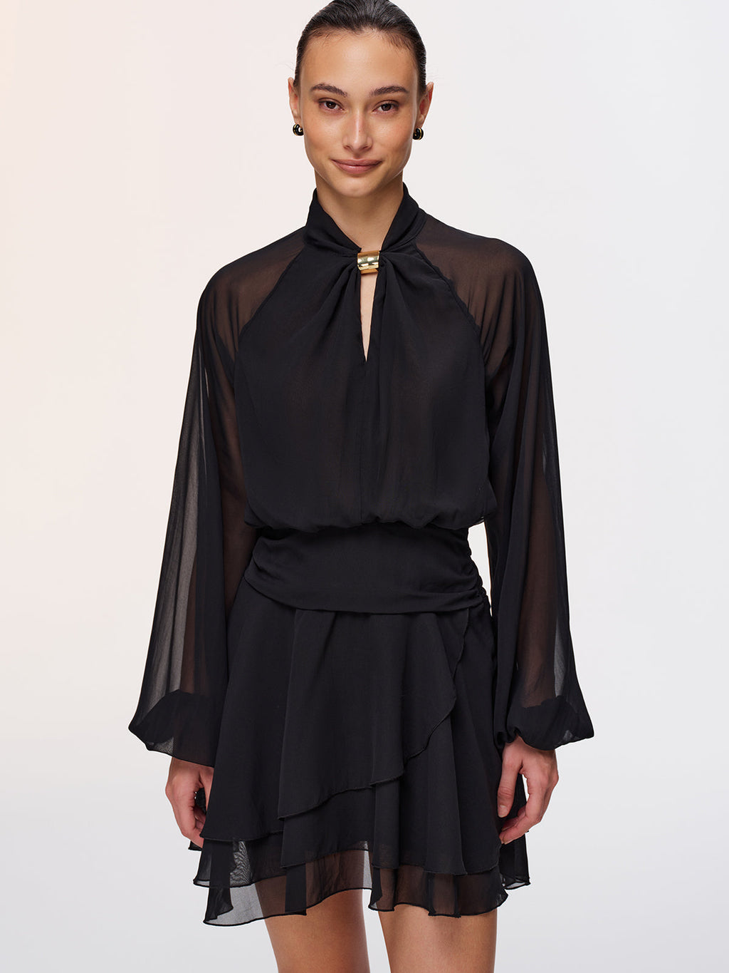 Metal Detail Semi-Sheer Chiffon Mini Dress