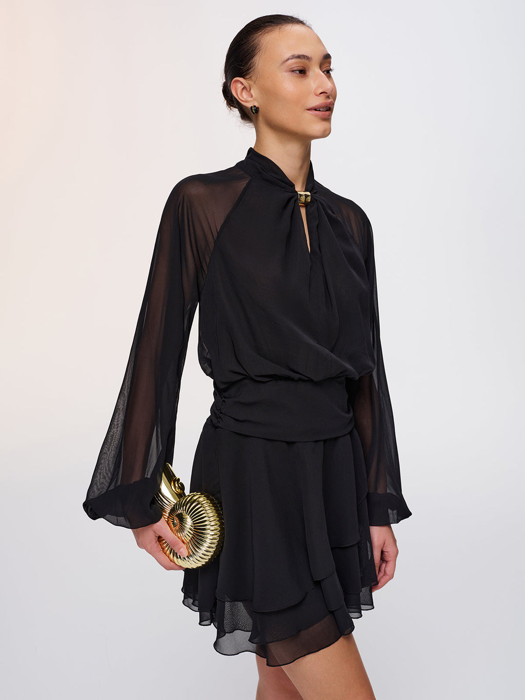Metal Detail Semi-Sheer Chiffon Mini Dress