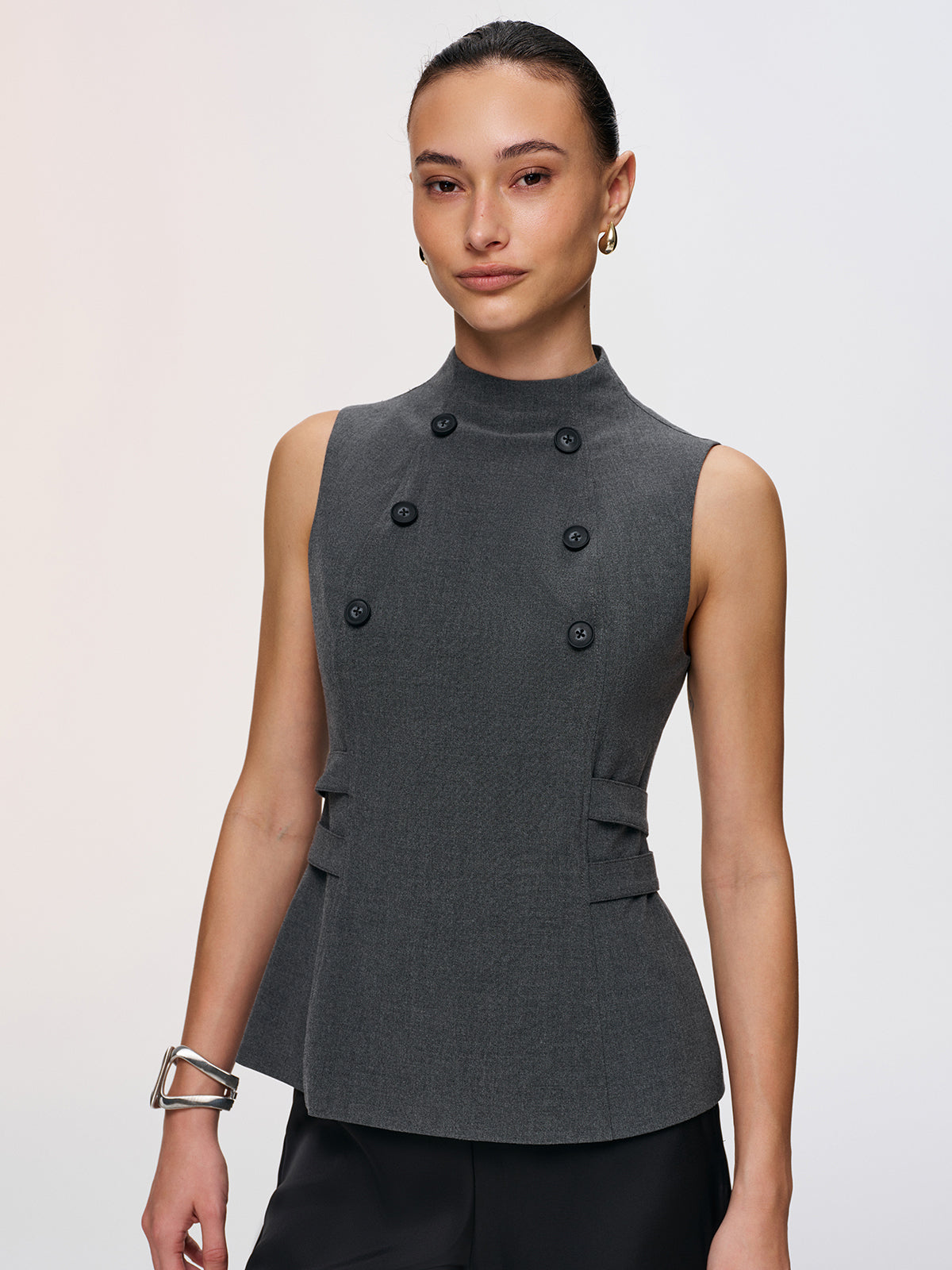 Button Detail Sleeveless Peplum Vest